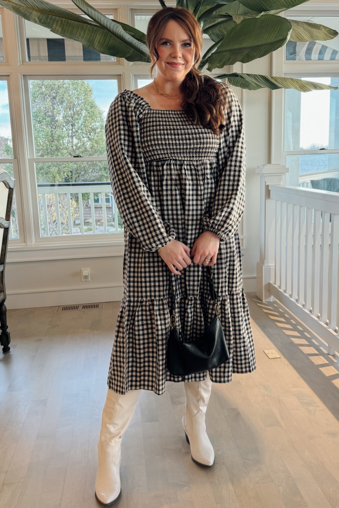 Black Gingham Long Sleeve Midi Dress Black Gingham Long Sleeve Midi Dress