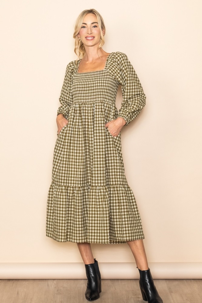 olive gingham long sleeve midi dress