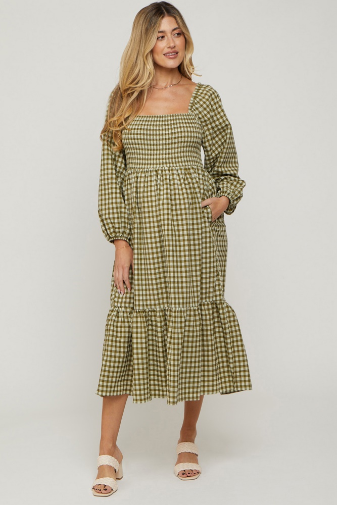 olive gingham long sleeve maternity midi dress