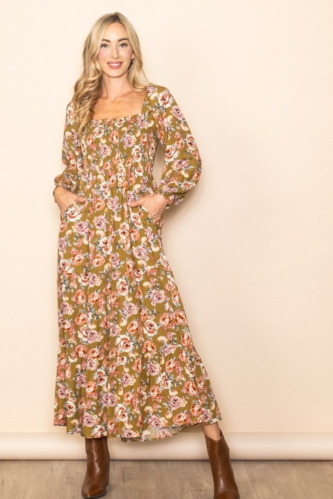 olive floral long sleeve maxi dress