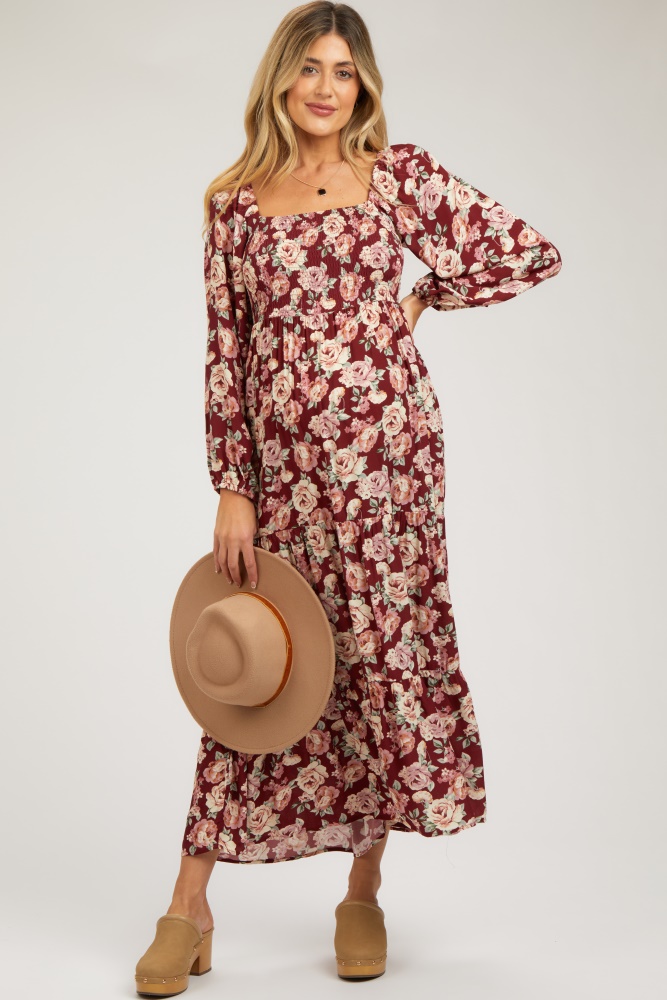 burgundy floral long sleeve maternity maxi dress