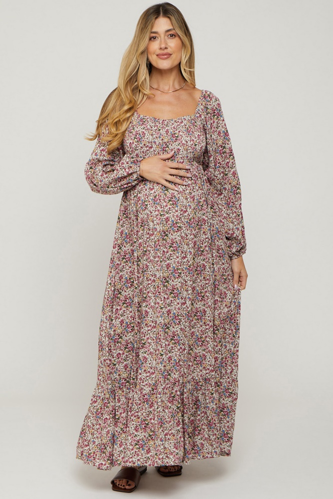 mauve floral long sleeve maternity maxi dress