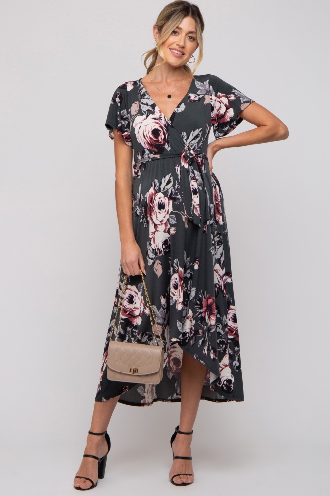 forest green floral high-low maternity wrap dress