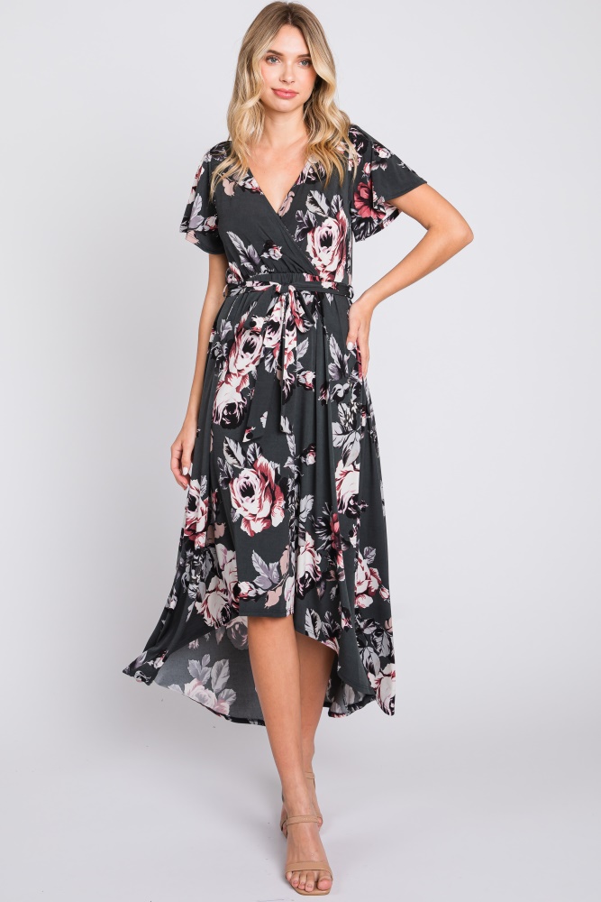 forest green floral high-low wrap dress