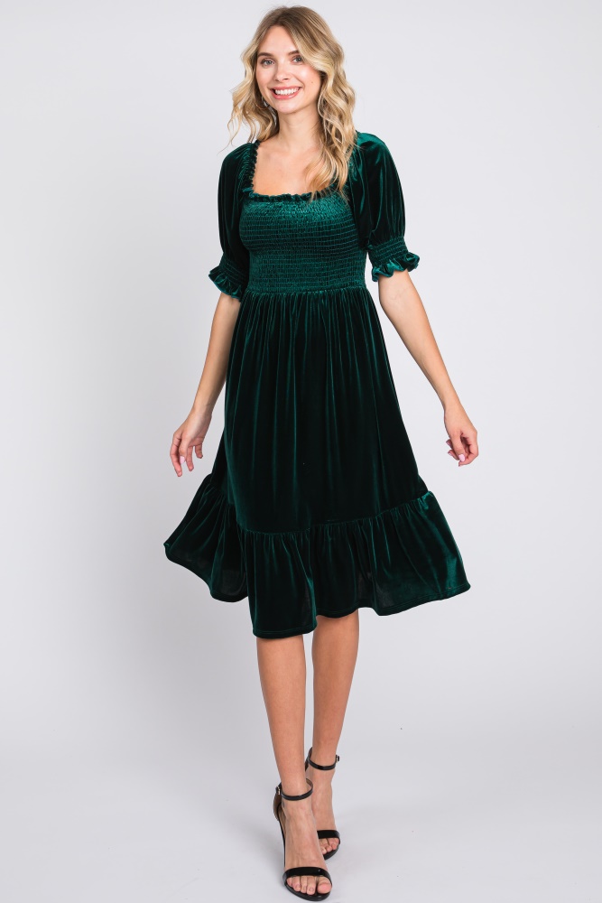 forest green velvet smocked puff sleeve dress