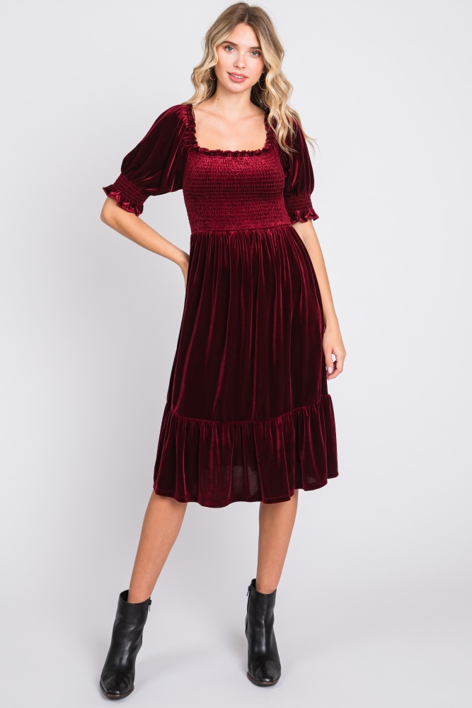 burgundy velvet smocked puff sleeve dress