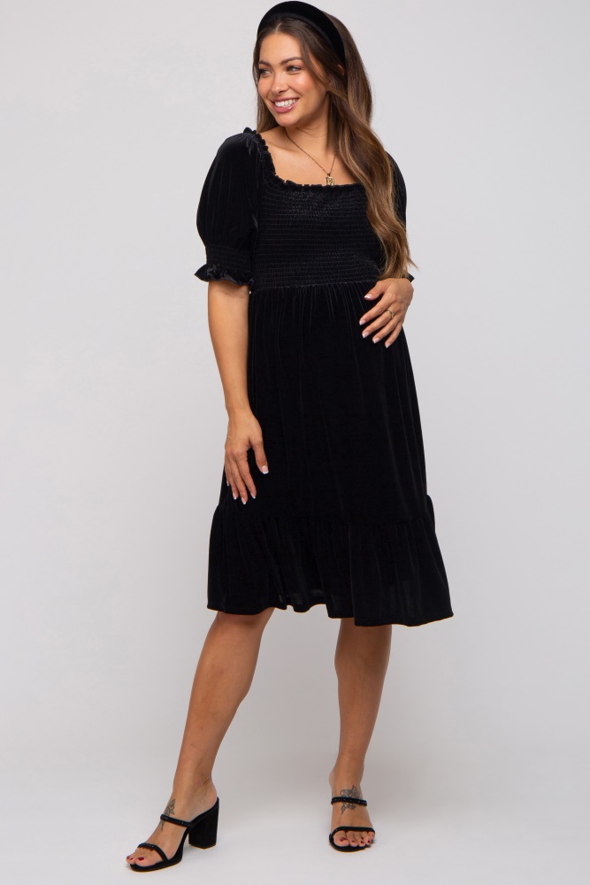 black velvet smocked puff sleeve maternity dress