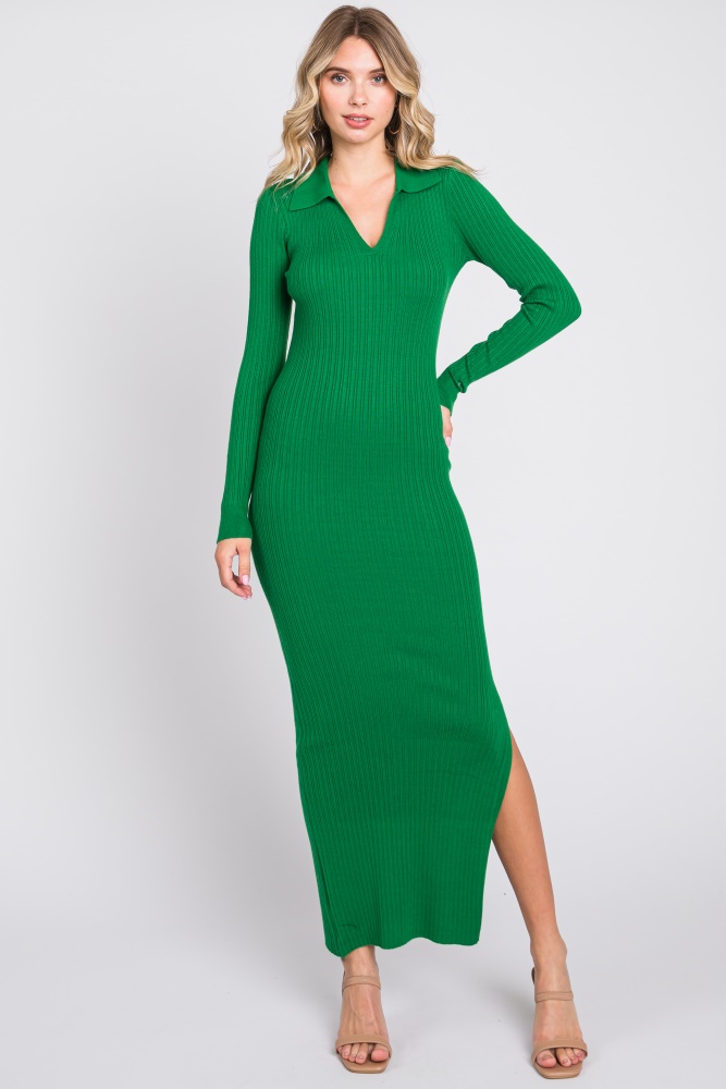 green rib knit collared maxi dress