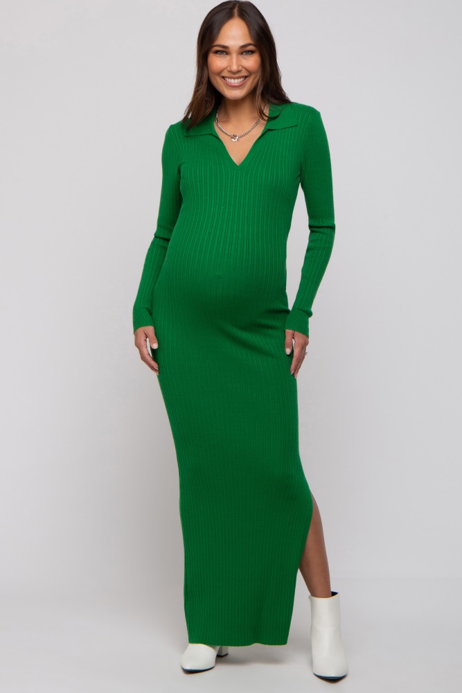 green rib knit collared maternity maxi dress