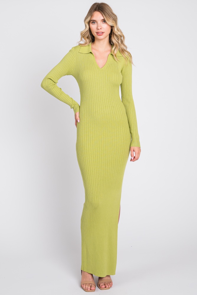 lime rib knit collared maxi dress