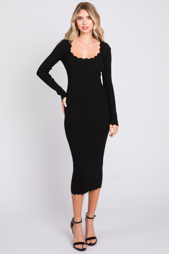 black ribbed scallop hem long sleeve midi dress