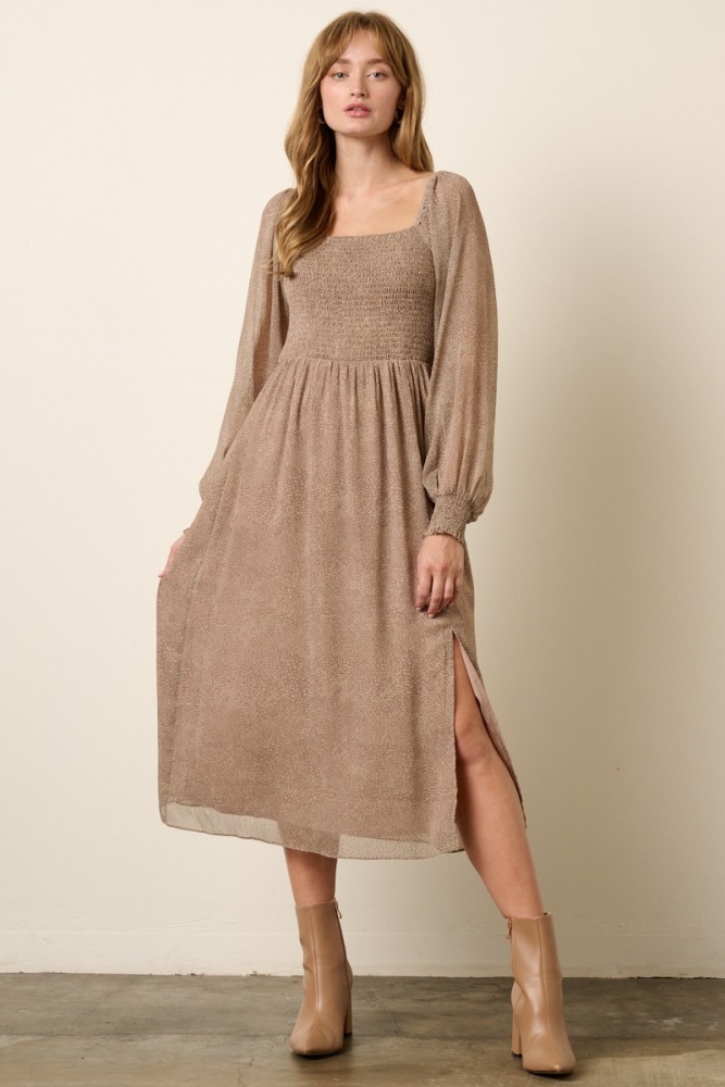 taupe scatter dot print smocked detail midi dress