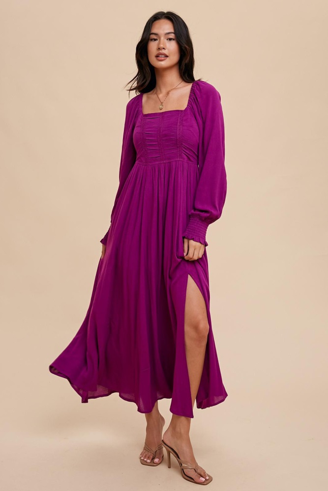 orchid ruched bodice square neck maxi dress