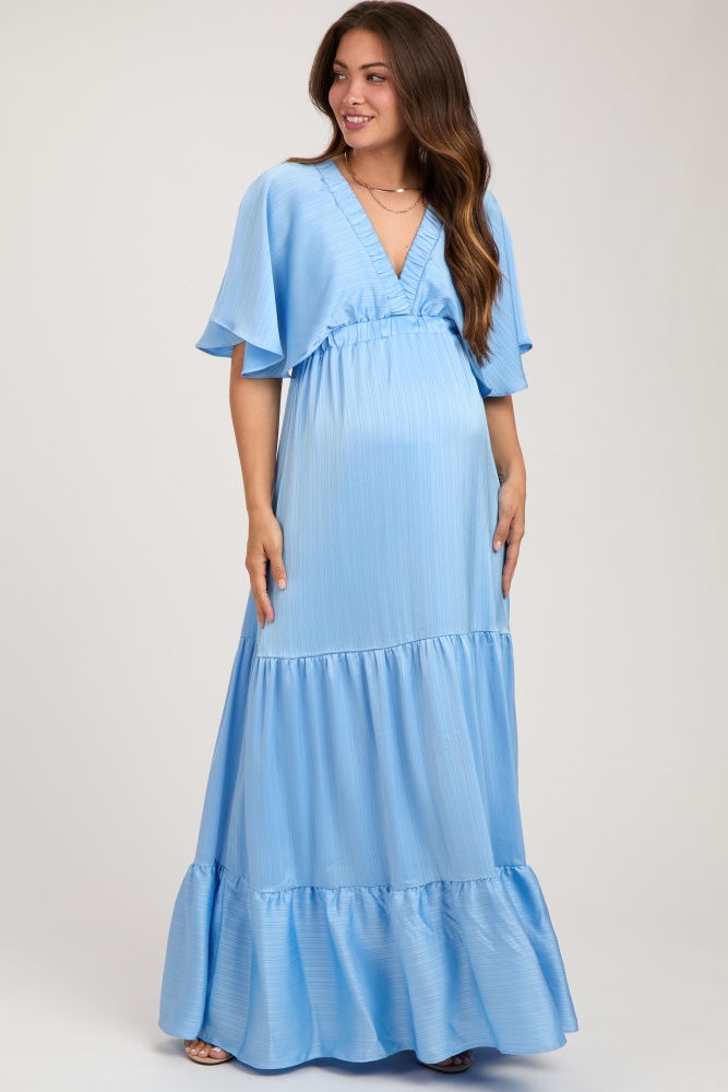 light blue v-neck flutter sleeve tiered maternity maxi dress