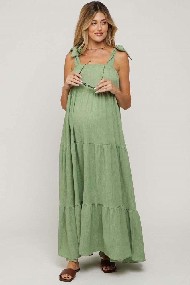 sage sleeveless tiered maternity maxi dress