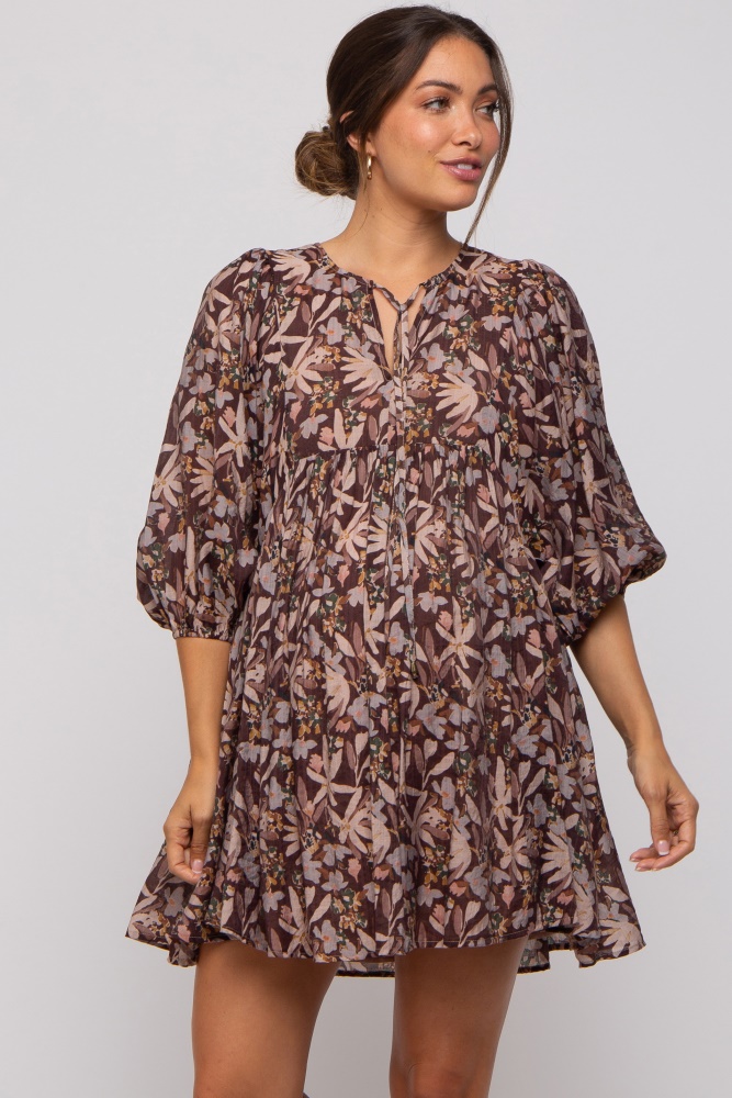 brown floral 3/4 sleeve maternity dress