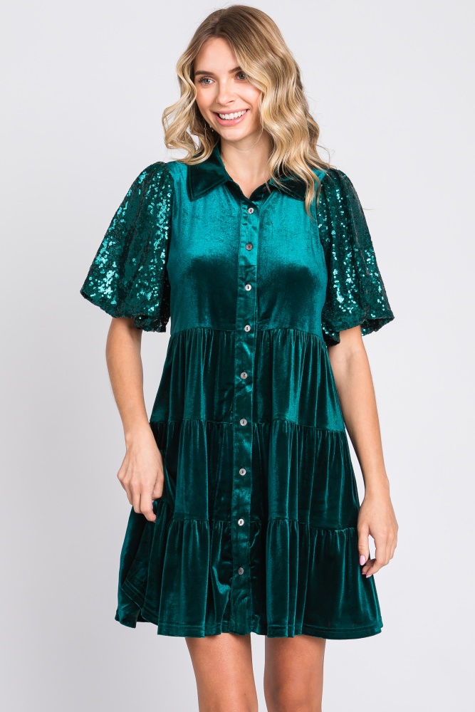 forest green velvet tiered sequin short sleeve dress