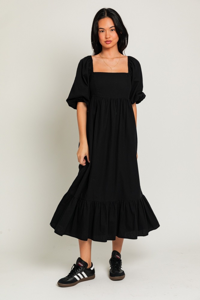 black square neck puff sleeve midi dress