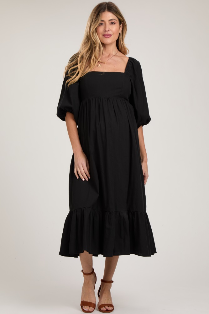 black square neck puff sleeve maternity midi dress