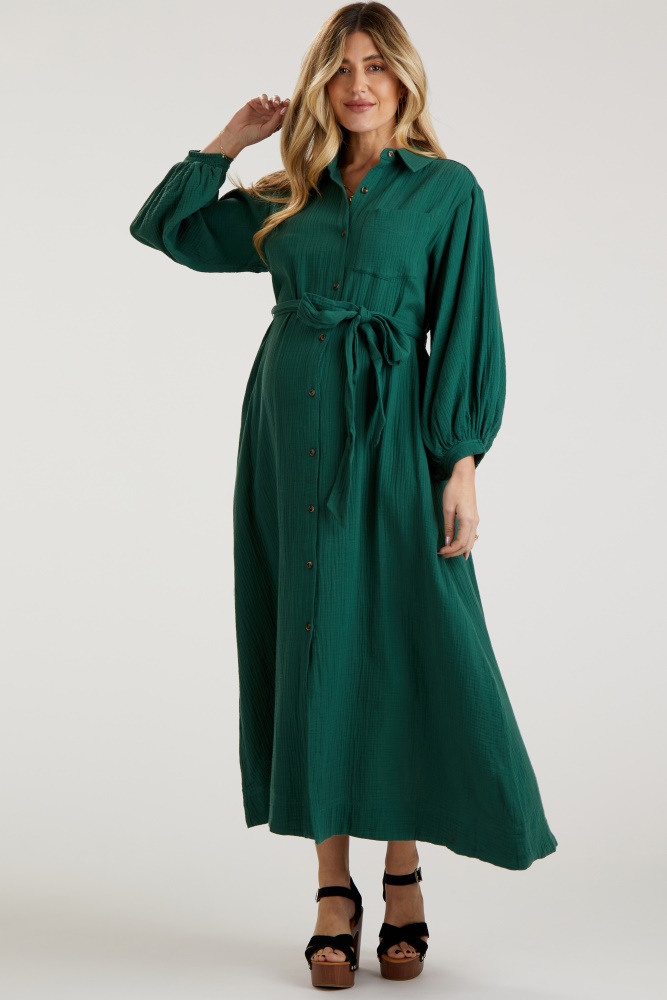 forest green gauze belted shirt maternity midi dress