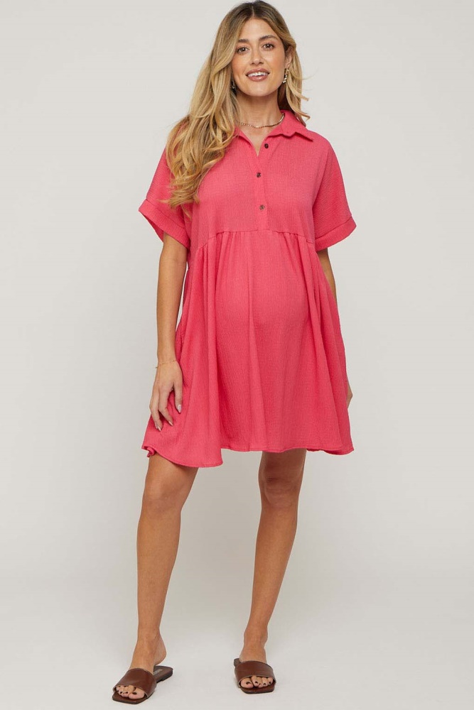 coral collared button front short sleeve maternity dress