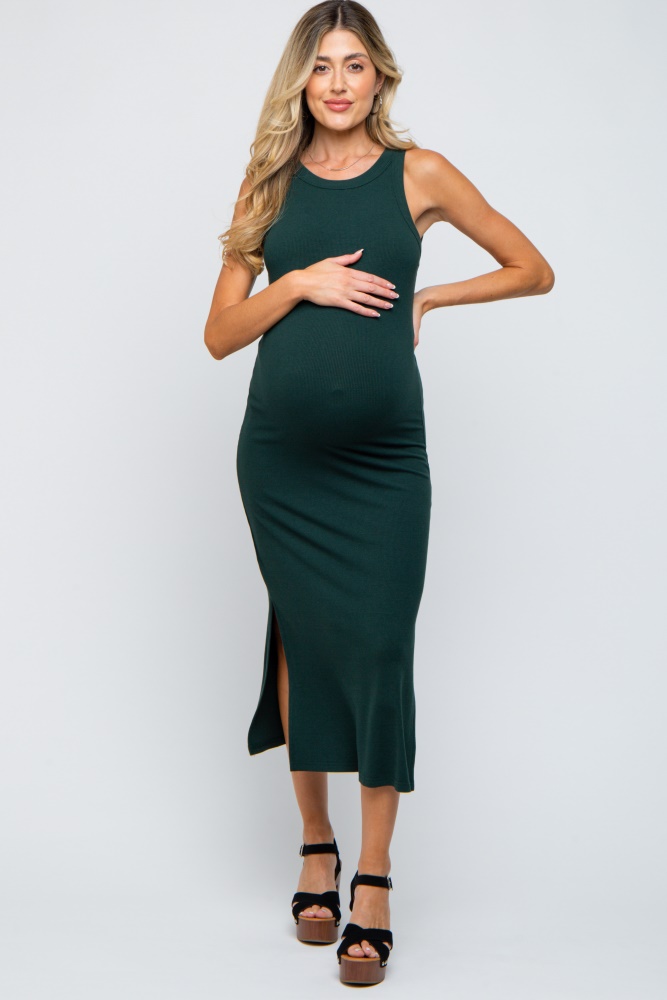 forest green ribbed maternity side slit tank dress