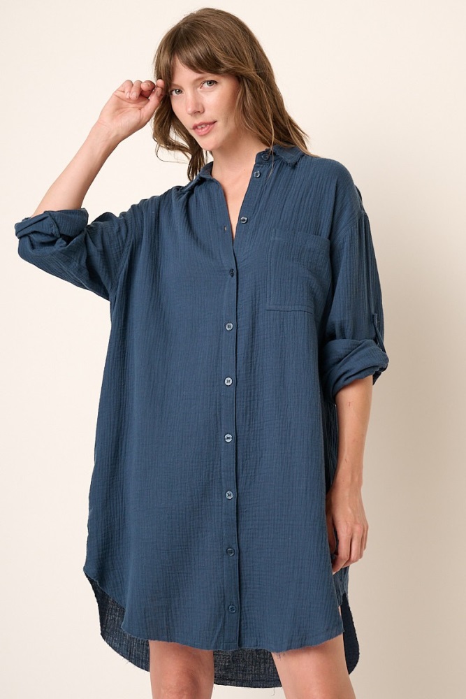 navy blue gauze button down dress