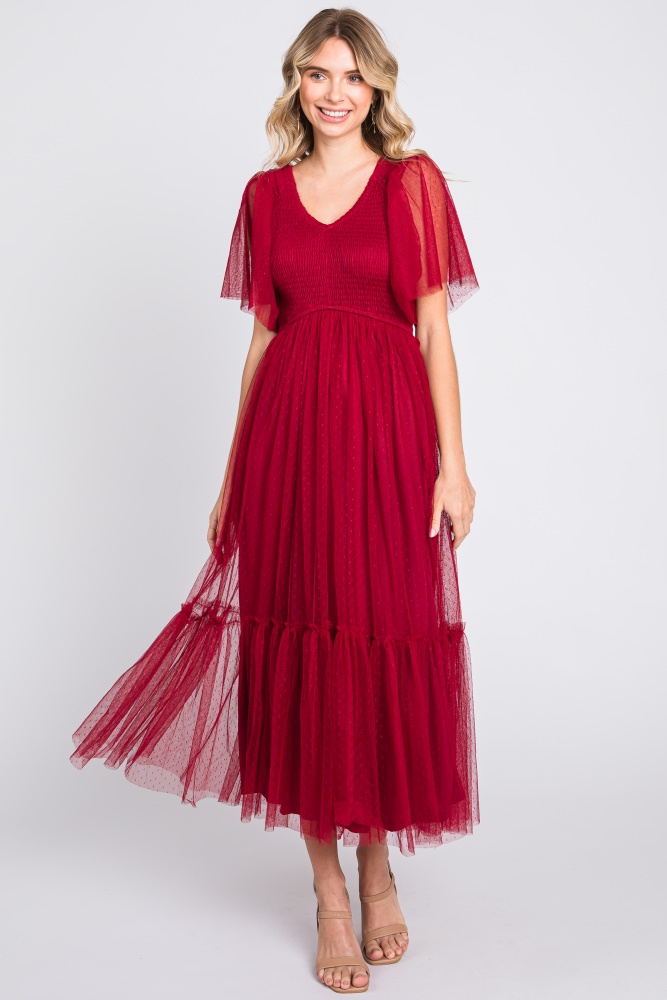 Burgundy Ruffle Pleated Maxi Dress  PinkBlush