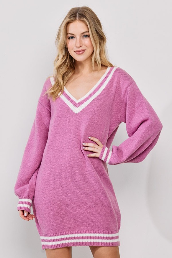 mauve oversized varsity striped v-neck sweater dress