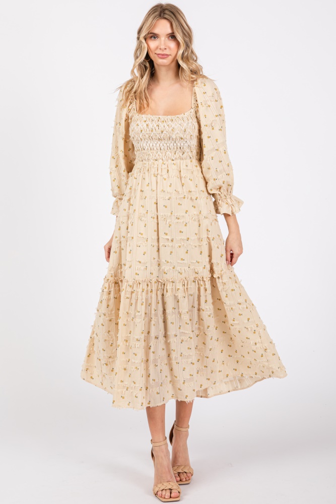 beige floral square neck smocked fringe midi dress