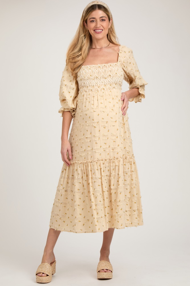 beige floral square neck smocked fringe maternity midi dress