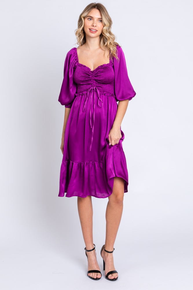 plum satin smocked ruffle hem dress