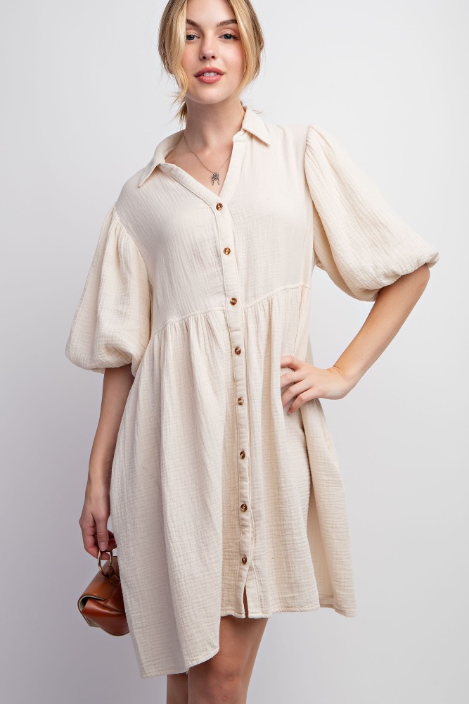 cream button down bubble sleeve collared dress