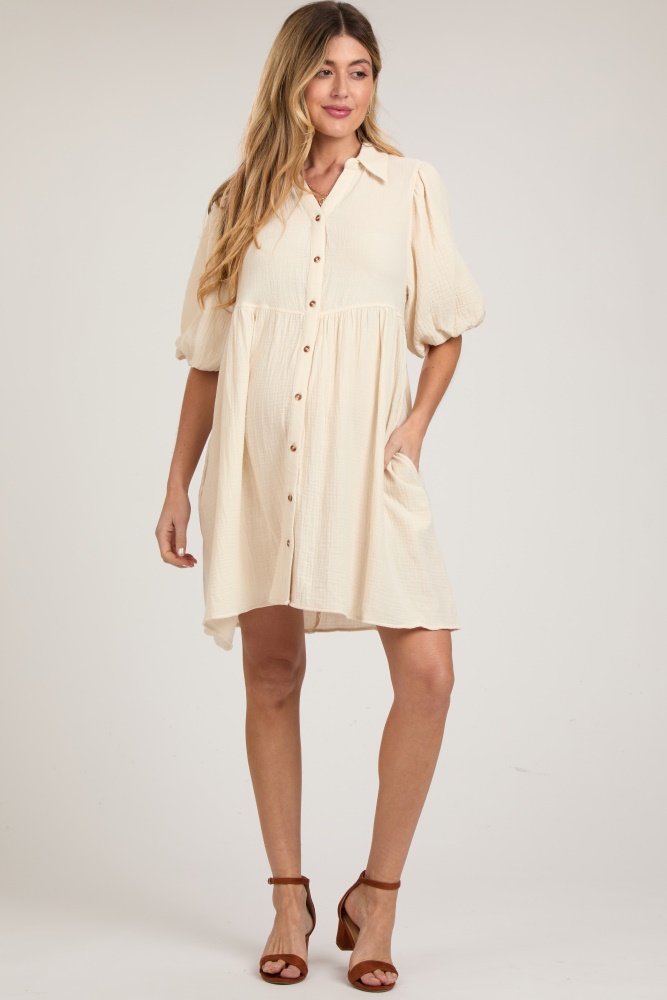 cream button down bubble sleeve collared maternity dress