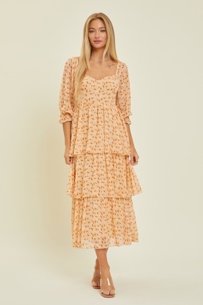 dusty apricot tiered midi dress