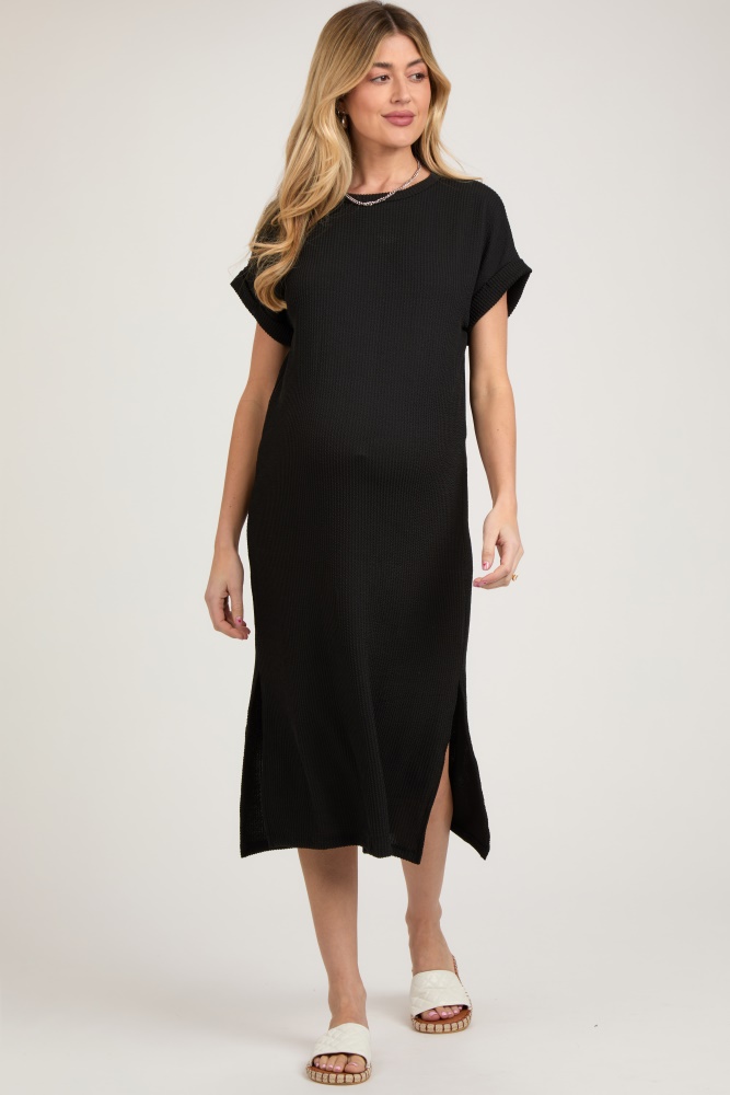 black ribbed short sleeve maternity midi dress