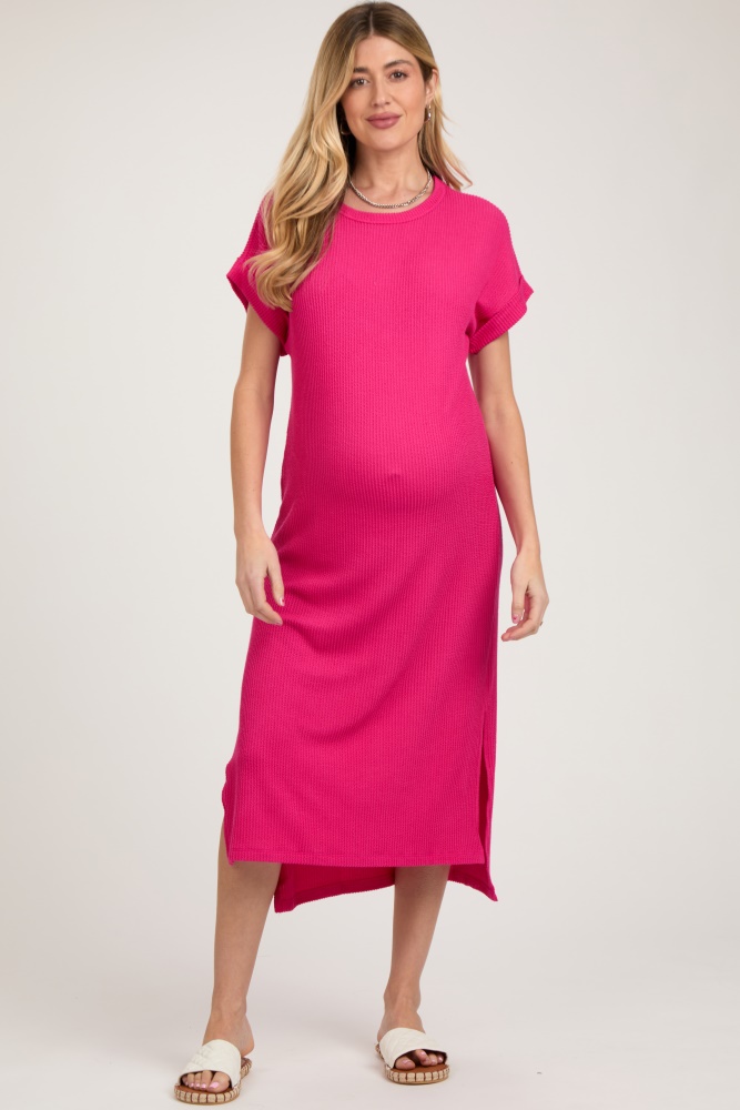 fuchsia ribbed short sleeve maternity midi dress