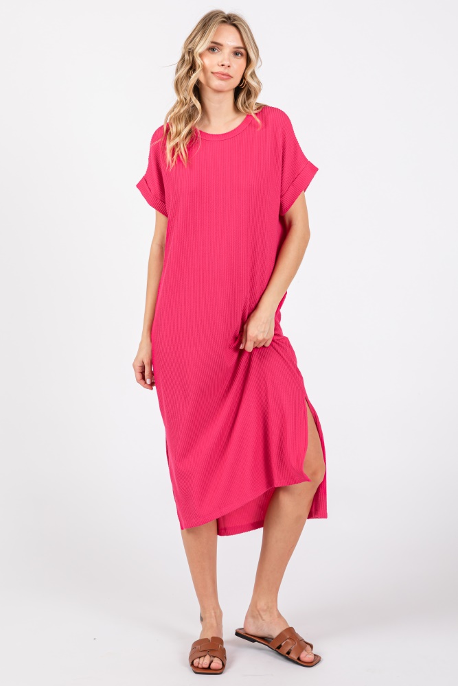 fuchsia ribbed short sleeve midi dress