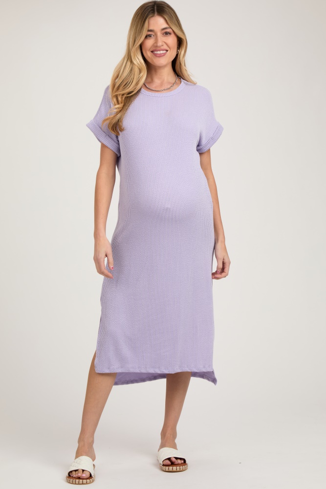 lavender ribbed short sleeve maternity midi dress