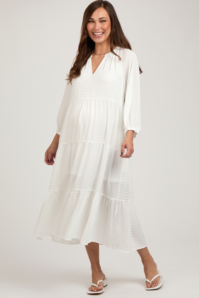 white textured tiered maternity midi dress