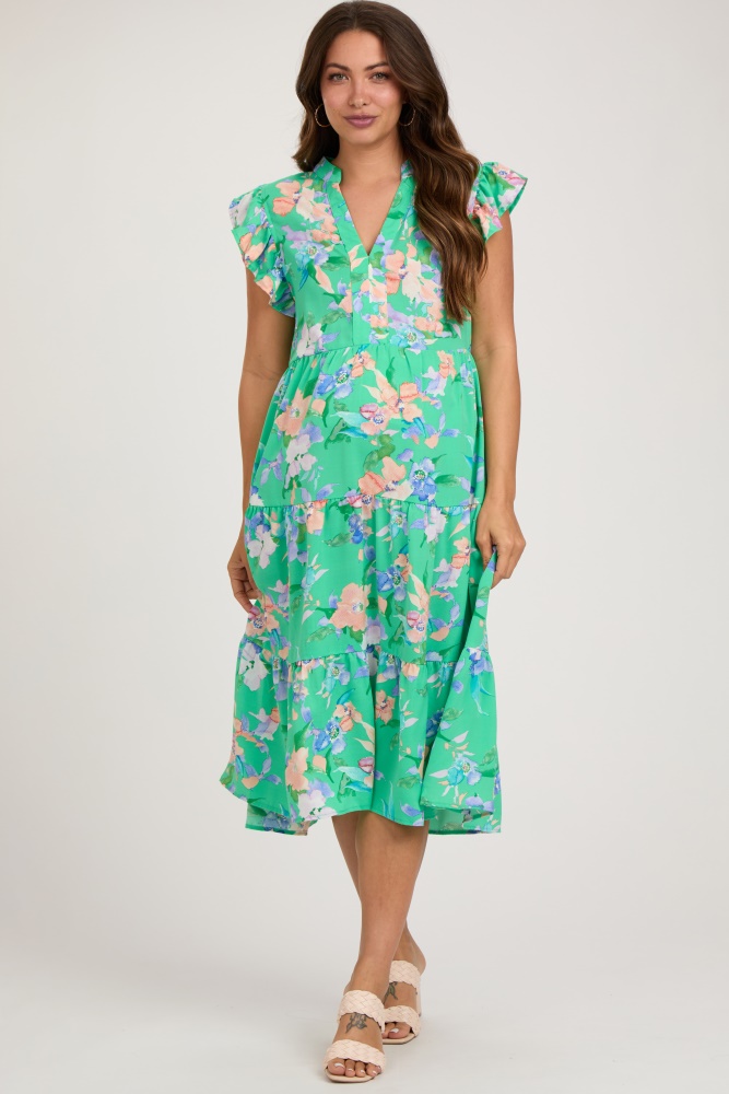 green floral ruffle tiered maternity dress