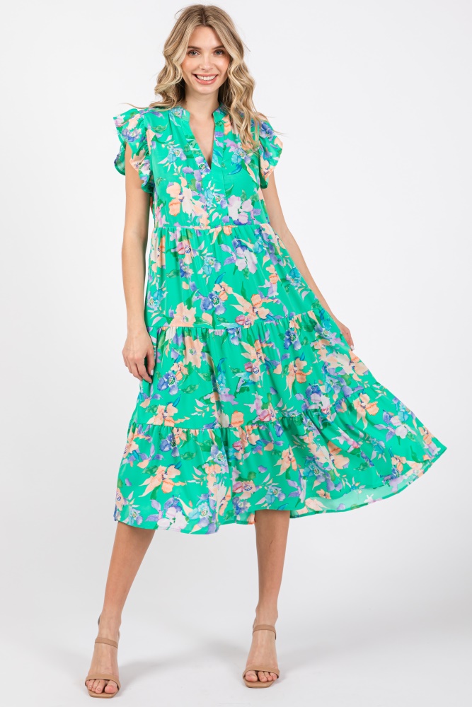 green floral ruffle tiered dress