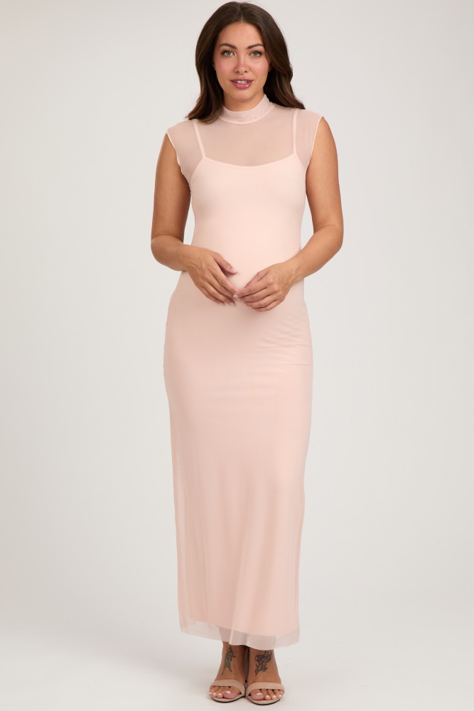 Pink Ribbed Long Sleeve Side Slit Maternity Maxi Dress– PinkBlush