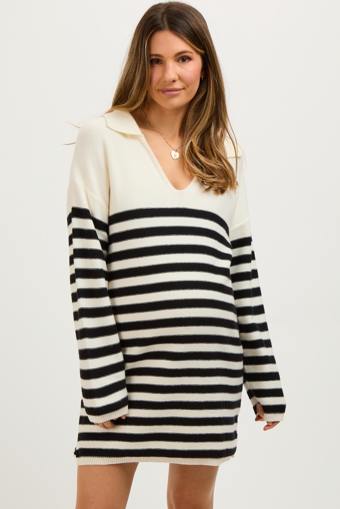 ivory striped collared long sleeve maternity sweater dress