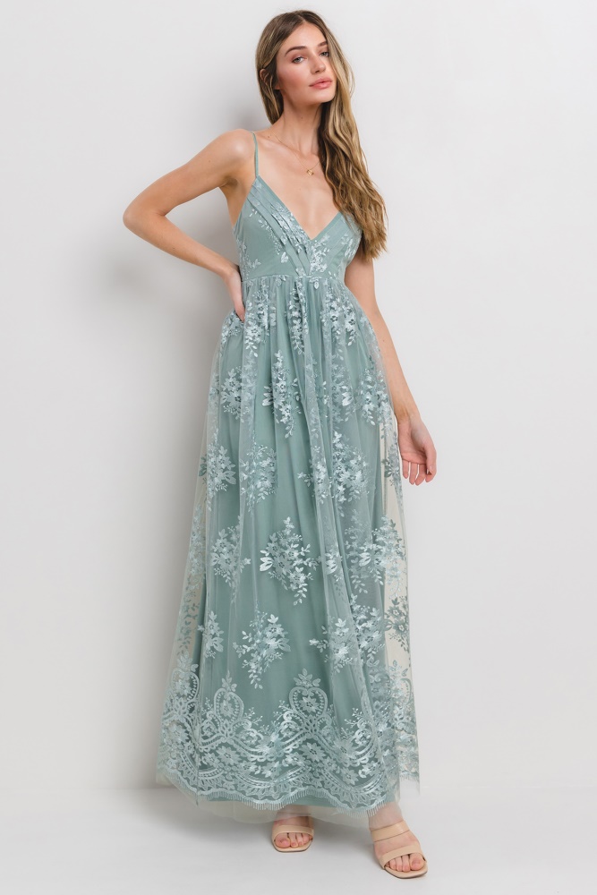 mint green floral lace overlay maxi dress