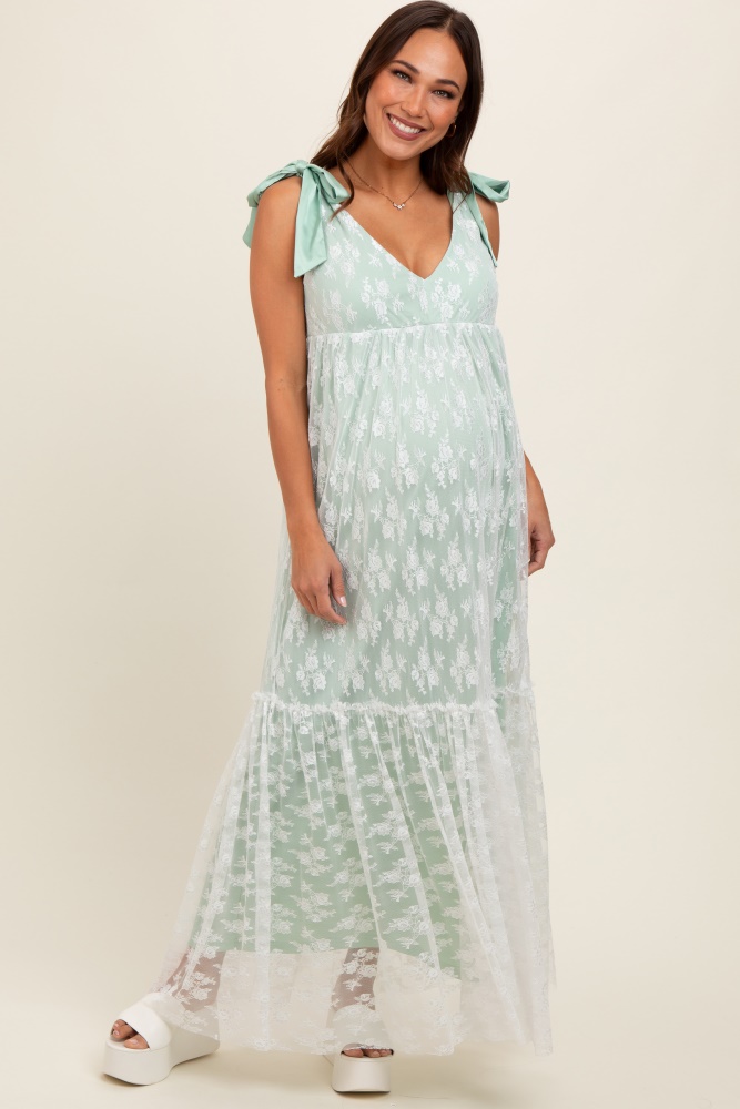 Forest Green Lace Mesh Overlay Maternity Maxi Dress– PinkBlush