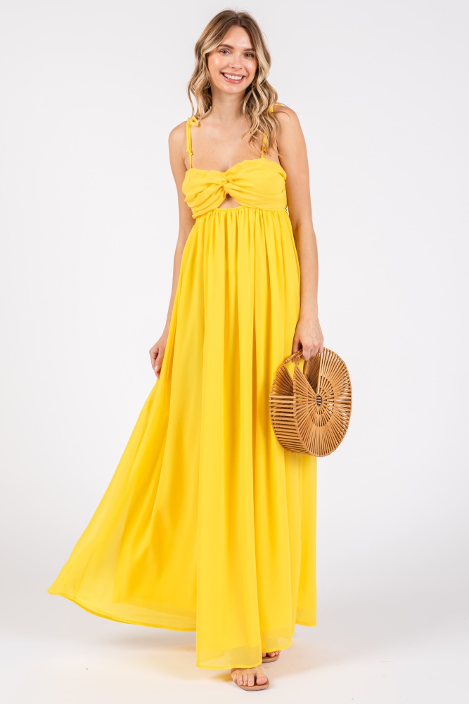 yellow chiffon sleeveless cutout front maxi dress