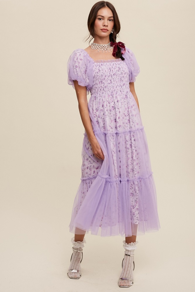 lavender floral lined smocked tulle midi dress