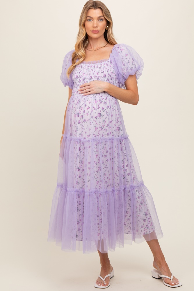 lavender floral lined smocked tulle maternity midi dress