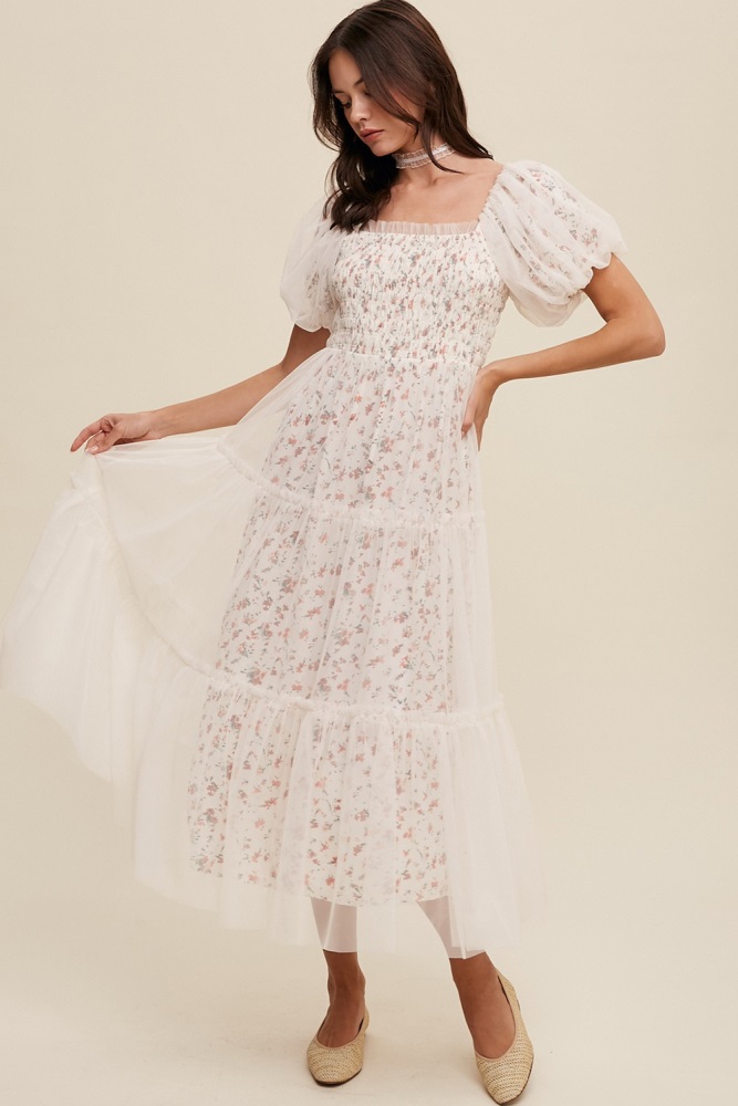 cream floral lined smocked tulle midi dress